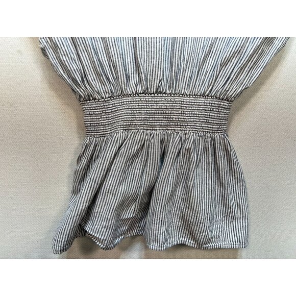 Morgan Taylor Women V Neck Linen Smocked Top Short Sleeve Sz L White Gray Stripe - Picture 11 of 11